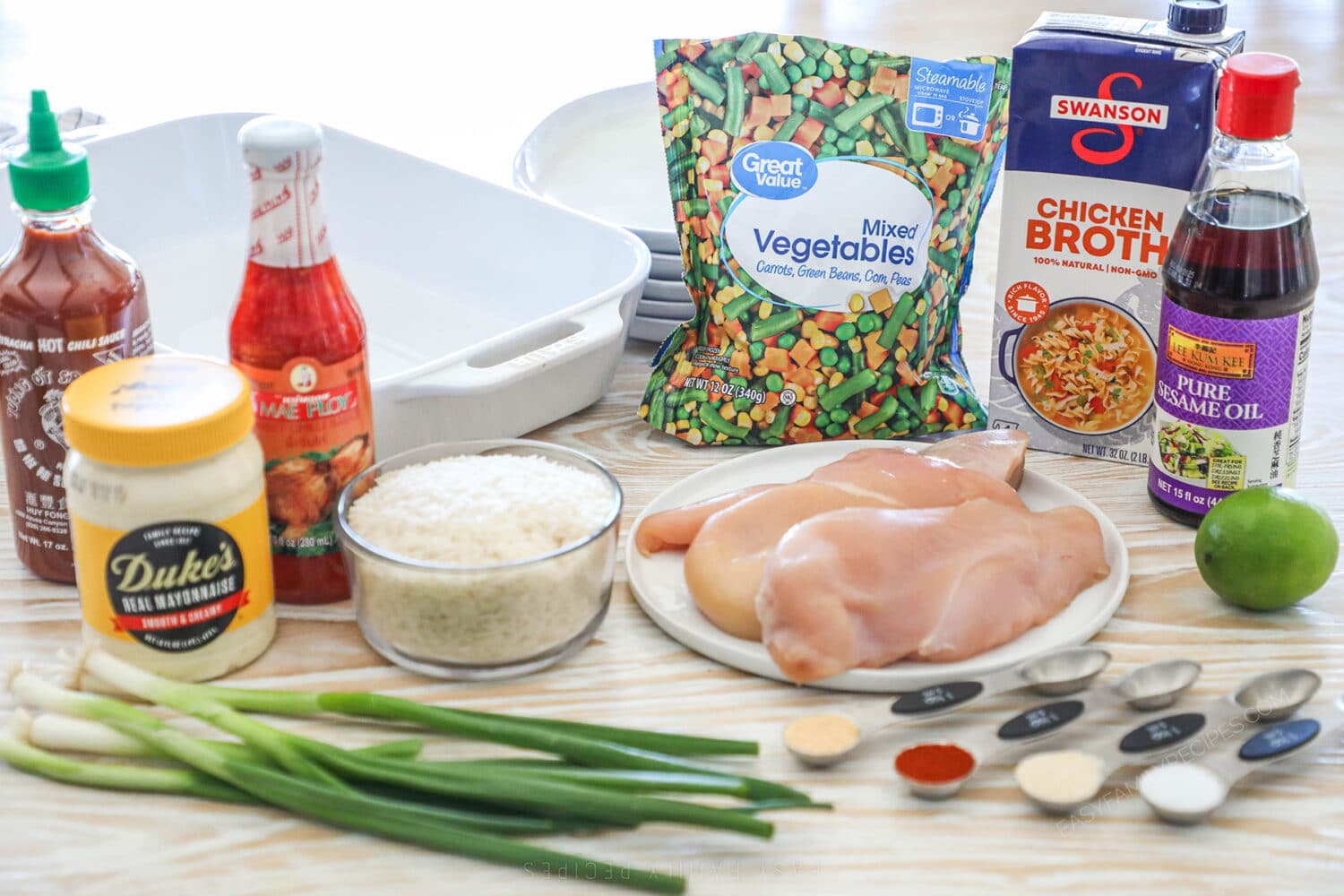 Ingredients needed to make easy bang bang chicken bake.