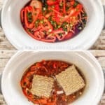 Vertical collage of four numbered images showing the steps for how to make Crockpot Chicken Ramen