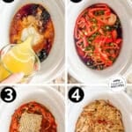 Vertical collage of four images showing the steps for how to make Crockpot Chicken Ramen. The text reads, “Crockpot Chicken Ramen Bowls”