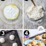 Step by step for making easy no yeast dinner rolls.1. combine butter and yogurt in a bowl. 2 Mix in dry ingredients to form dough. 3. Shape into balls on a baking sheet