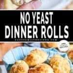 Two images - top is a sliced roll smothered in butter. Bottom photo is a basket full of rolls