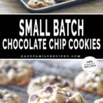 two images for small batch cookies, one with cookies on a baking sheet and the other with cookies stacked on a cooling rack.