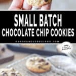 two images for small batch chocolate chip cookie recipe, one with a cookie held and the other with cookies lined on a cooling rack.
