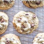 above image and closeup of chocolate chip cookies on a cooling rack.