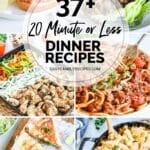 6 photo collage of 20 minute or less dinner ideas - sheet pan chicken fajitas, spaghetti marinara, sloppy joe on a bun, chicken bacon ranch quesadilla, korean beef lettuce wrap, and cheeseburger pasta