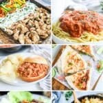 6 photo collage of 20 minute or less dinner ideas - sheet pan chicken fajitas, spaghetti marinara, sloppy joe on a bun, chicken bacon ranch quesadilla, korean beef lettuce wrap, and cheeseburger pasta