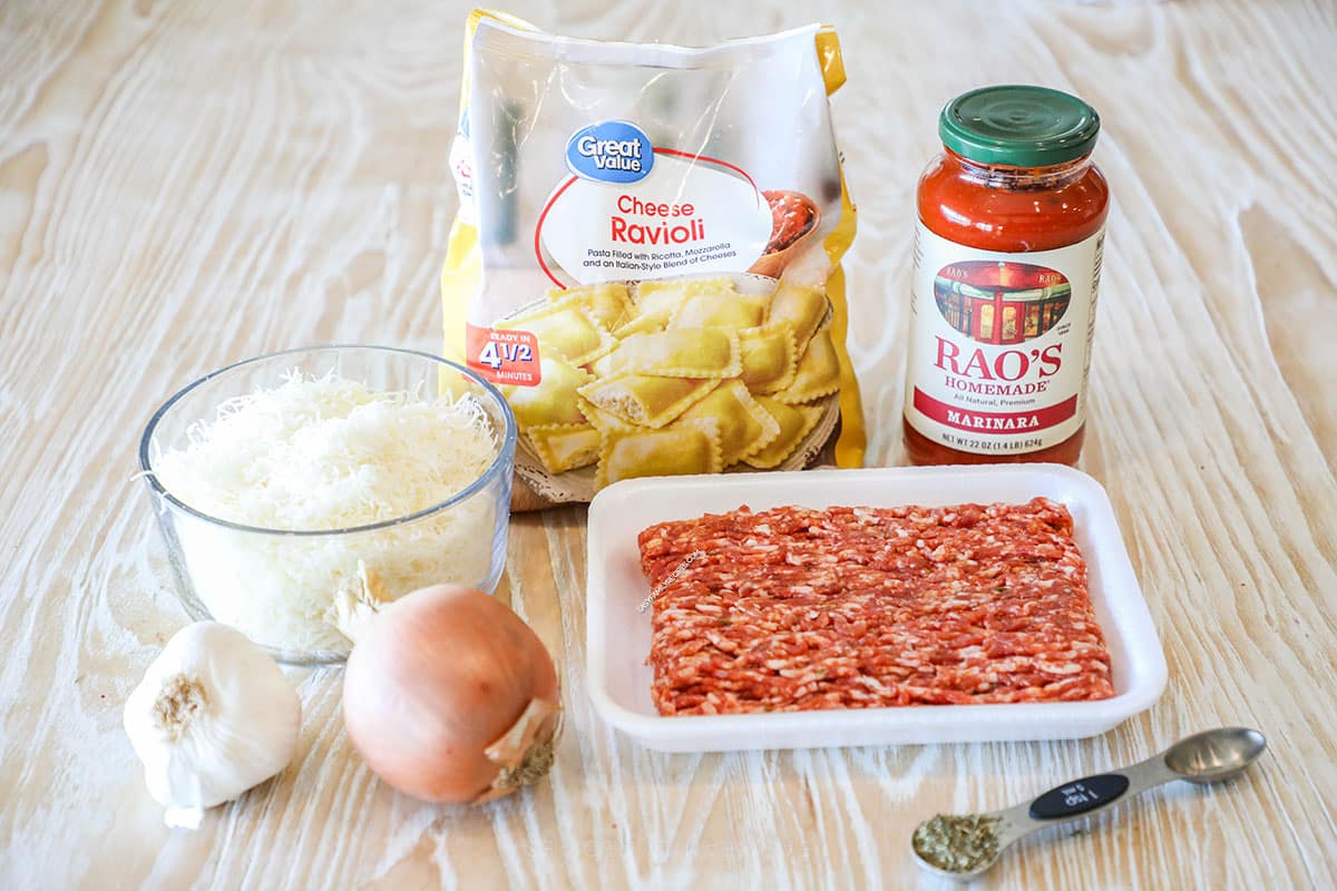 ingredients for cheesy ravioli skillet.