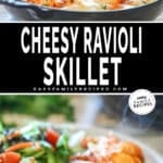 two images for cheese raviol, one with ravioli in a skillet and the other with it served on a plate.