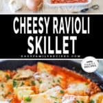 two images for frozen cheese ravioli skillet, one with ingredients needed and the other with finished ravioli in a skillet.