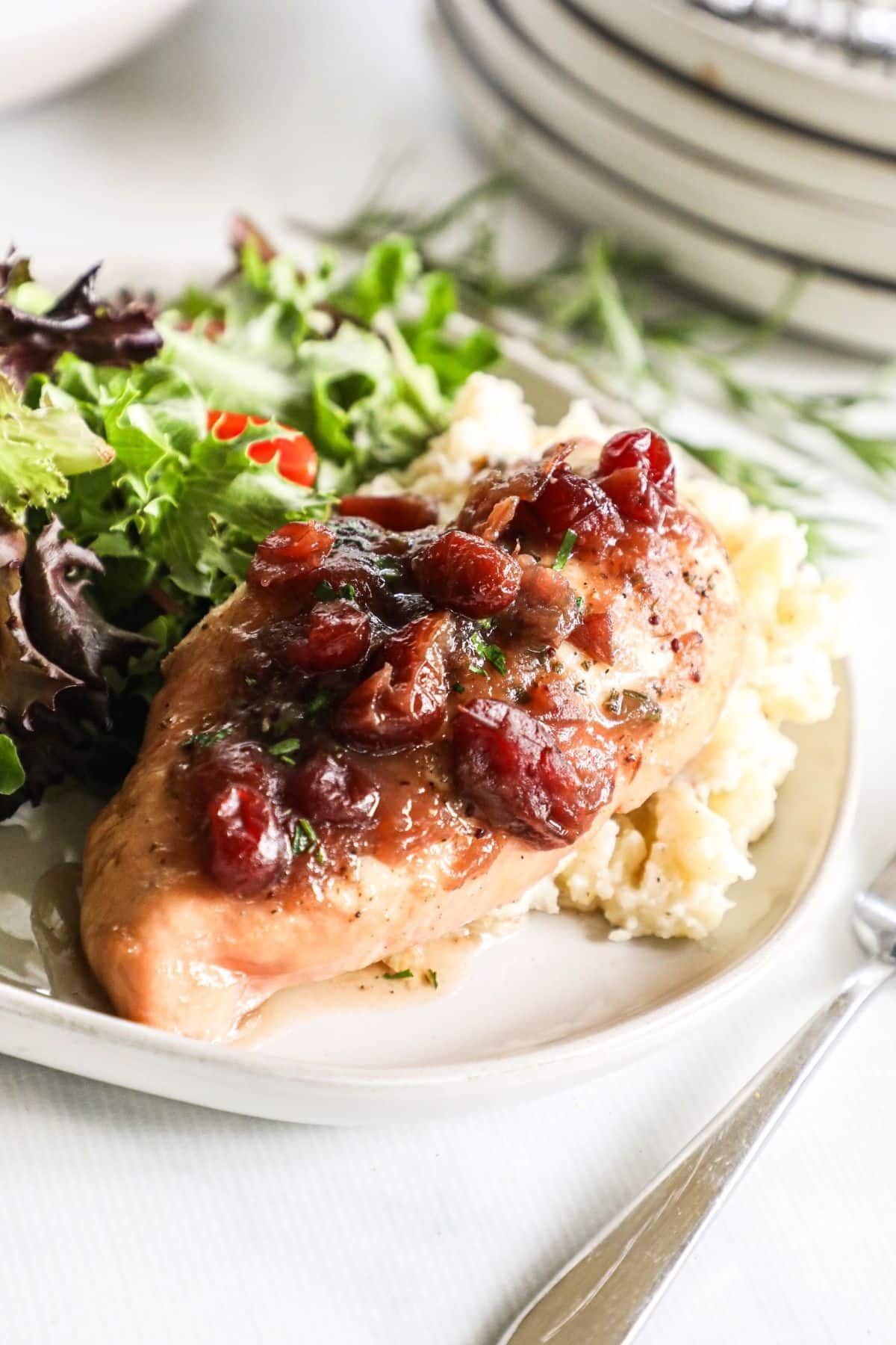 cranberry chicken breast over mashed potatoes on a plate with a side salad