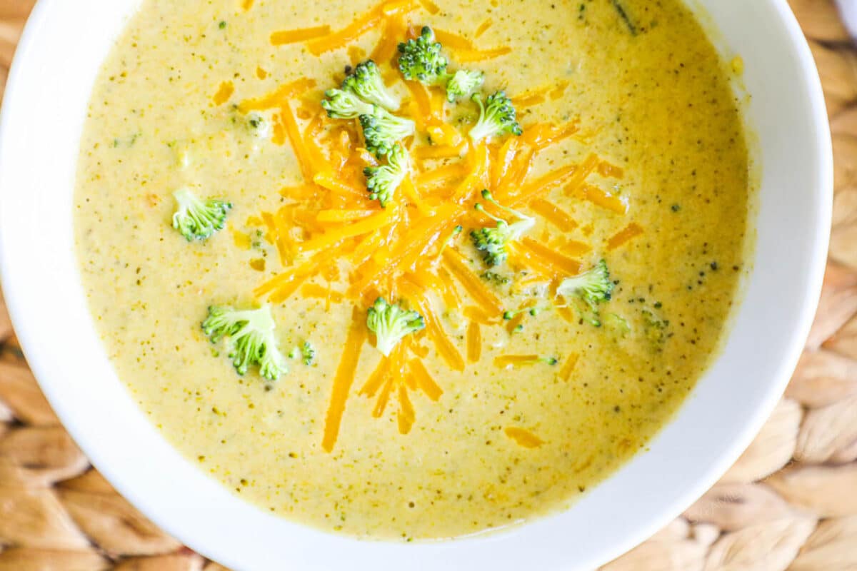 Broccoli Cheese Soup in a white bowl