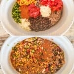 Ingredients of easy taco soup in crockpot, then finished soup after cooking