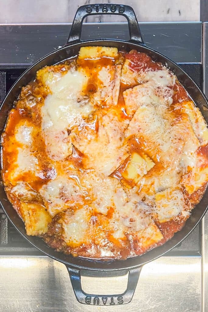 finished cheesy ravioli skillet from above.
