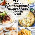 6 photo collage - lasagna on a plate, skillet of chicken piccata, a scoop of mac and cheese over a casserole dish, stuffed peppers in a baking dish, cranberry chicken on a plate with a side salad