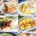 6 photo collage - lasagna on a plate, chicken piccata over spaghetti on a white plate, cheesy chicken bake in a casserole dish, stuffed peppers in a baking dish, skillet of white cheddar broccoli mac and cheese, cranberry chicken on a plate with a side salad