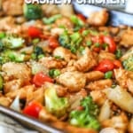 Cashew chicken dinner on a sheet pan.