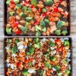 Step by step photos of preparing sheet pan cashew chicken.