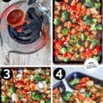 Step by step photos of how to make sheet pan cashew chicken.