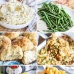 photo collage of thanksgiving side dishes (squash casserole, mashed potatoes, rolls, corn on the cob, green beans, and mac and cheese)