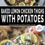 Two photos of baked lemon chicken thighs. One overhead shot of it in the skillet and one of a chicken thigh on a spatula.