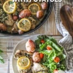 Baked lemon chicken thighs with potatoes served on a plate with salad, next to the skillet of chicken.