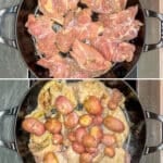 Four step by step photos of how to make baked lemon chicken thighs with potatoes.