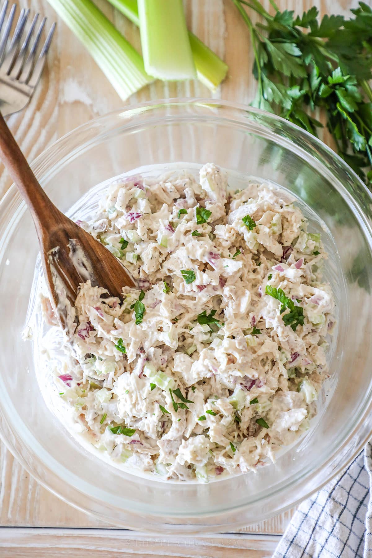 above image of turkey salad in a mixing bowl.