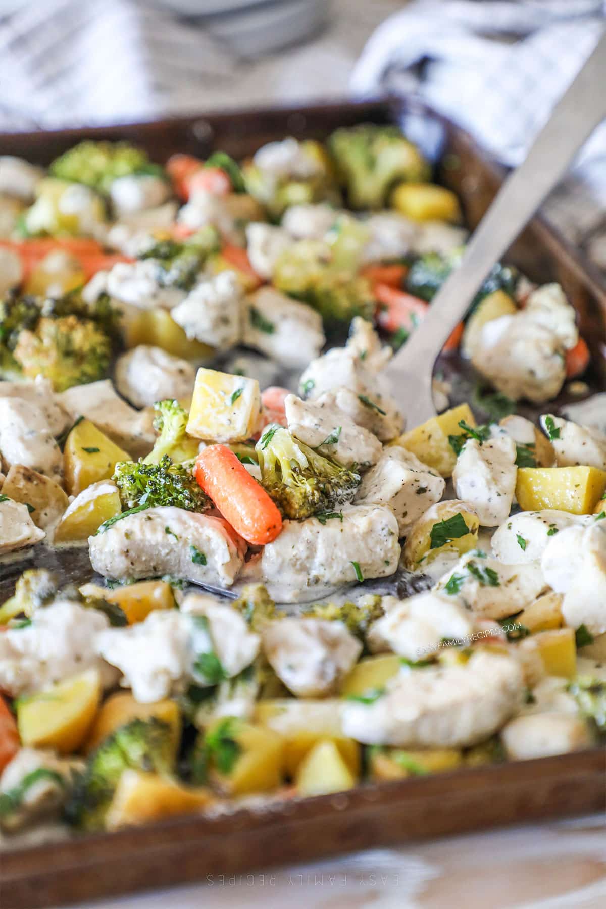 sheet pan chicken and vegetables from above.