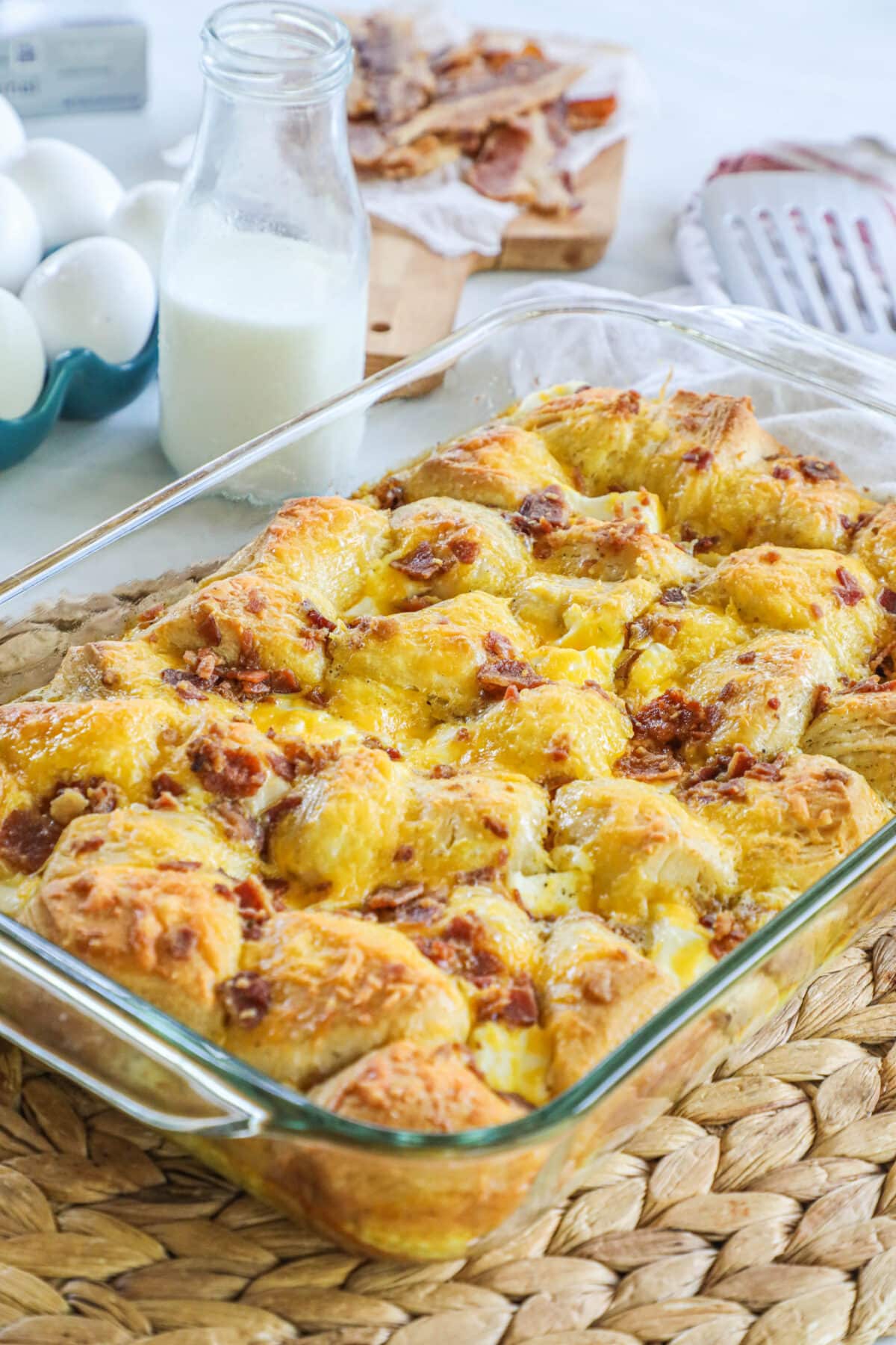 biscuit breakfast casserole in a clear baking dish