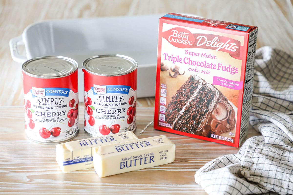 ingredients needed for black forest cake with cherries.