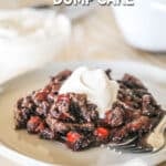 a serving of black forest cake made with cake mix on a plate with whip.