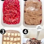 how to make classic black forest cake, 1)add cherry pie filling to a baking dish, 2)top with chocolate cake mix, 3)layer on pats of butter, 4)bake and serve!