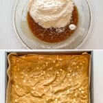 how to make brown butter blondies- 4 steps- brown the butter- cream with other wet ingredients- add dry ingredients- bake and cut into squares
