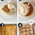 how to make brown butter blondies- 4 steps- brown the butter- cream with other wet ingredients- add dry ingredients- bake and cut into squares