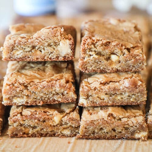 brown butter blondies cut into squares and stacked