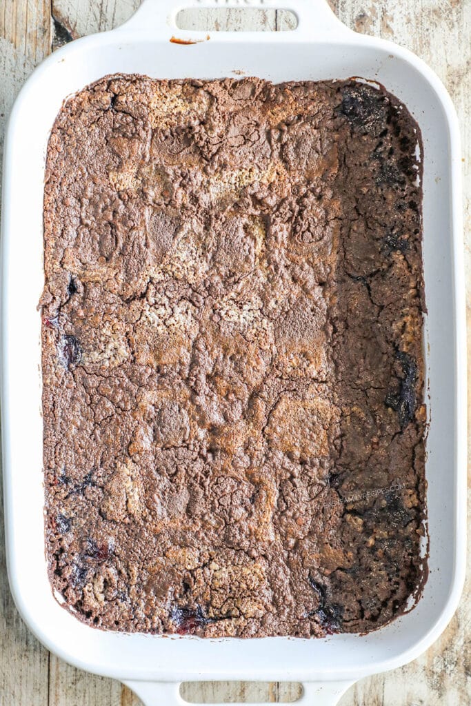 finished dump cake in a baking dish.
