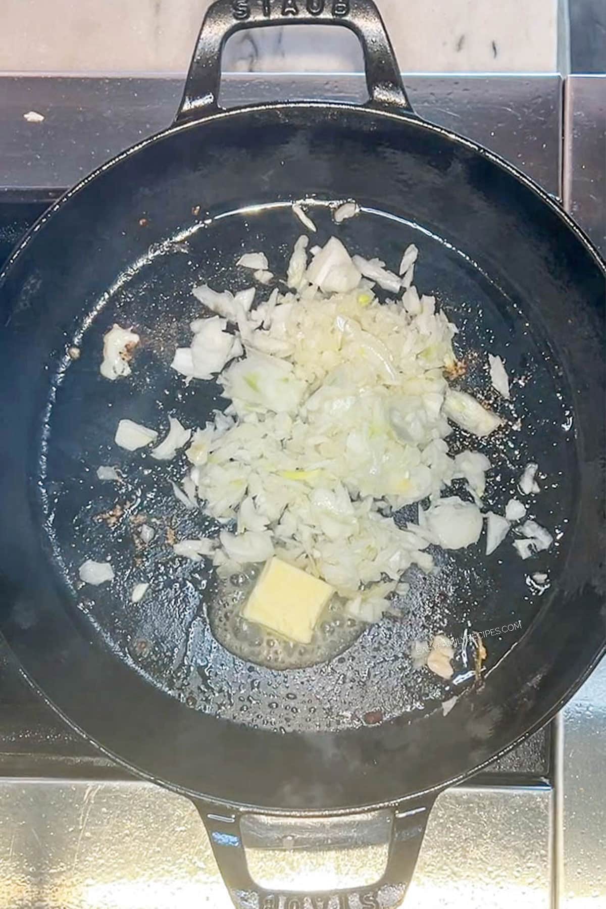 Butter, onions and garlic in the same cast iron skillet.
