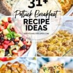 6 photo collage of potuck breakfast recipes - green chili egg casserole, broccoli cheddar quiche, bowl of fruit, apple fritter casserole, buscuit breakfast casserole, a slice of spinach and sausage quiche
