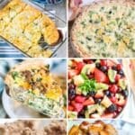 6 photo collage of potuck breakfast recipes - green chili egg casserole, broccoli cheddar quiche, bowl of fruit, apple fritter casserole, cinnamon coffee cake muffins, a slice of spinach and sausage quiche