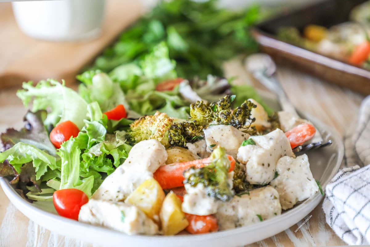 a plate filled with roasted veggies, ranch chicken, and a side salad.