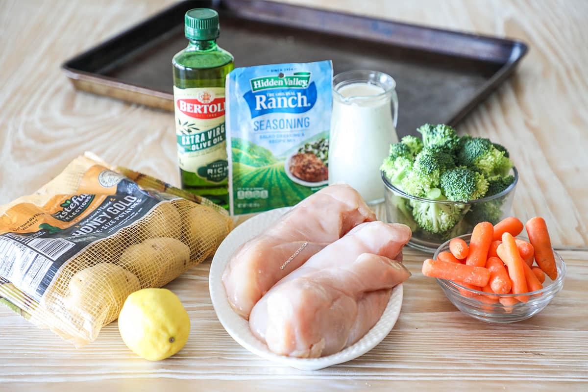 ingredients needed for sheet pan ranch chicken.