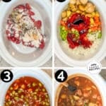 Steps for cooking slow cooker beef stew. 1- place stew meat in bottom of slow cooker. 2- Add vegetables & seasoninga. 3- Cover with beef broth, tomato paste & vinegar. 4- Cook on low 4-6 hours