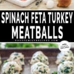 Two photos of Greek meatballs. One of the ingredients needed and one of them baked on a sheet pan.