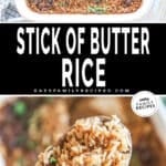 two images of french onion soup rice, one with rice in a baking dish from above and the other with a scoop of rice on a wooden spoon.