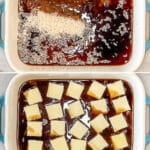 how to make baked stick of butter rice, 1)add rice to a baking dish, 2)add in french onion soup and beef broth, 3)cover with pats of butter, 4)bake and serve.