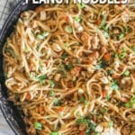 Overhead shot of garlic pork peanut noodles in a large skillet.