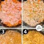 Step by step photos of making garlic pork peanut noodles in a large skillet.