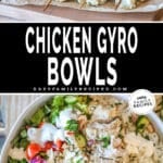 two photos of chicken gyro bowls- one with the chicken on skewers and one with the completed dish in a white bowl