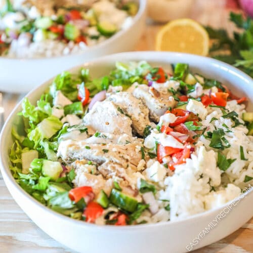2 Chicken Gyro Bowl with toppings in white bowls
