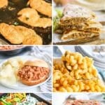 6 photo collage of dinner ideas for picky eaters: 1 homemade baked chicken tenders, ground beef quesadillas, mac & cheese in a white dish, spaghetti and marinara sauce in a bowl, sheet pan chicken fajitas, a white plate with a sloppy joe on a bun an a side of chips